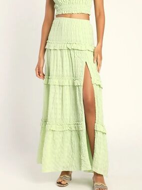 Lulus Green Tiered Maxi Skirt with high side slit Women